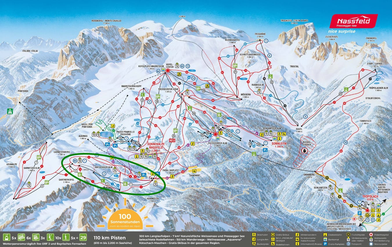 Nassfeld pistekaart met de Gartnerkofelbahn omcirkelt.